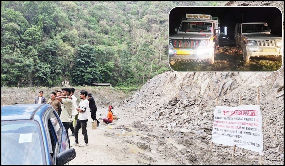 At the ongoing agitation by Chakhesang Students’ Union (CSU) against NHIDCL and EPC contractor M/S Ratna Infrastructure Project Private Limited on May 13 on NH- 29 Kohima-Jessami stretch. (Inset) Seized vehicles.  (Photos Courtesy: CSU)